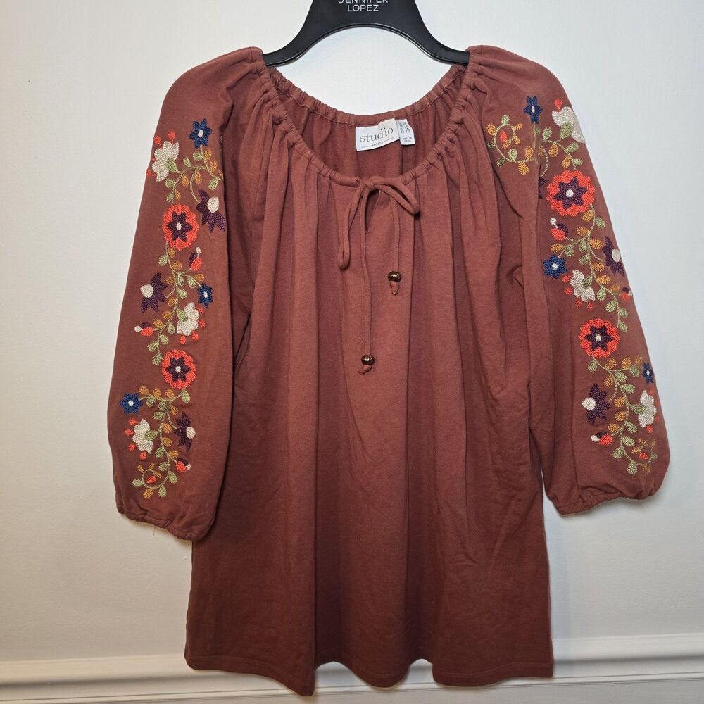 Denim & Co Floral Embroidered Milkmaid Babydoll Top Y2K Rust Brown 1X QVC Boho